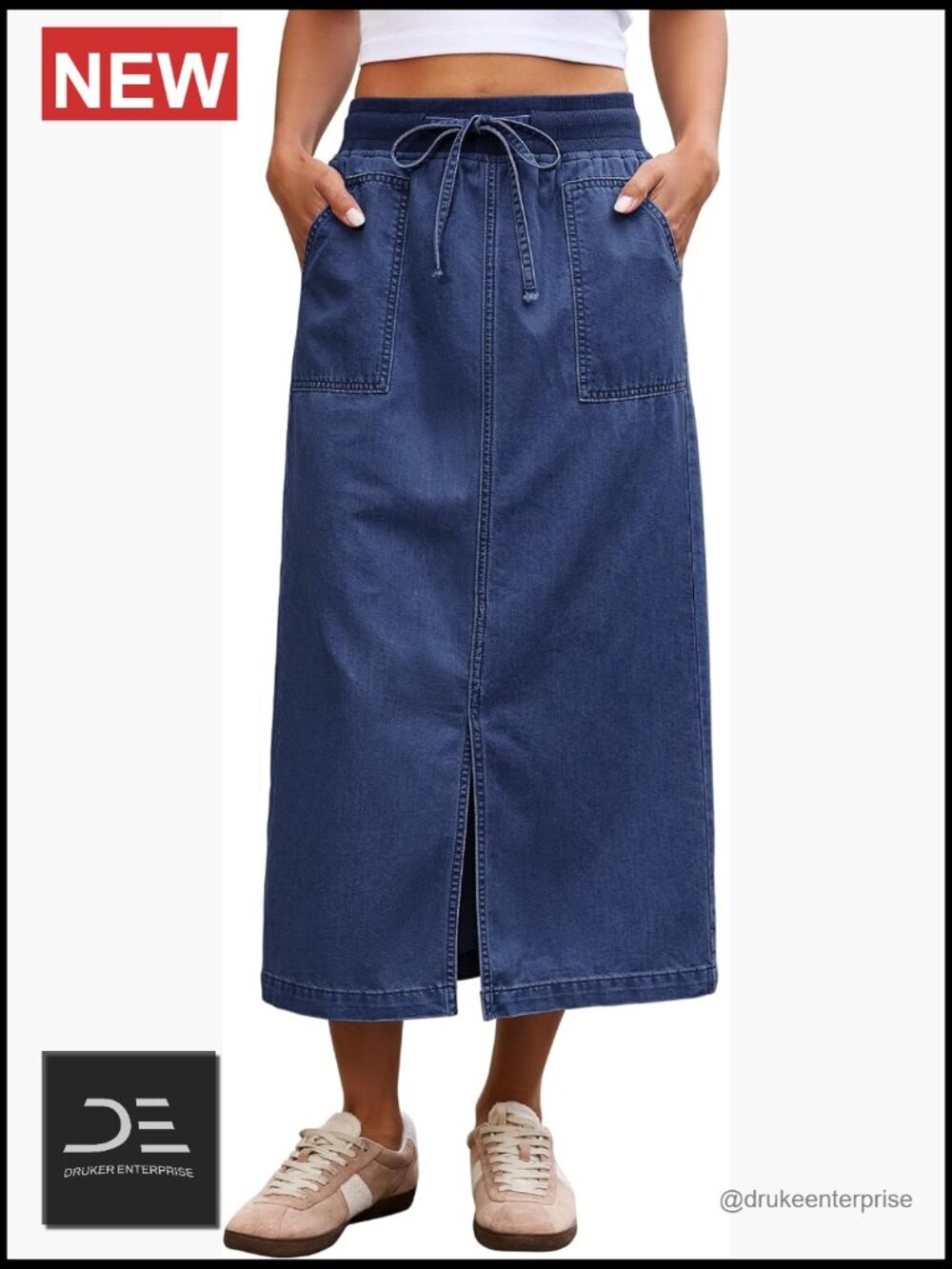 High Waisted Midi Denim Skirt with Pockets Front Slit Drawstring Elastic Waist
